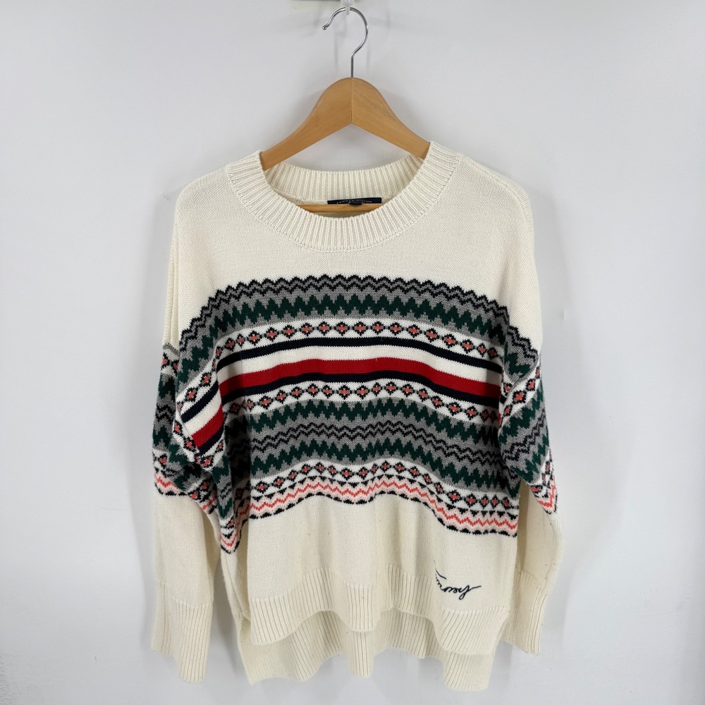 Tommy Hilfiger Sweater Cream Large Fair Isle Crewneck Pullover Preppy Winter